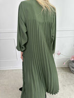 Katrina Długi Rękaw - Długa sukienka z plisami i kieszeniami